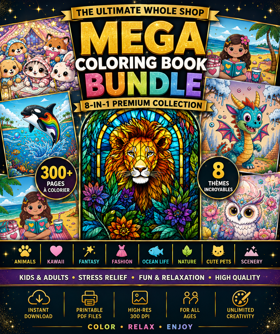 The Ultimate Whole Shop Mega Coloring Book Bundle | 8-in-1 Premium Digital Coloring Collection for Kids & Adults | Animals, Kawaii, Fashion, Fantasy & Ocean Life Printable PDF Sets