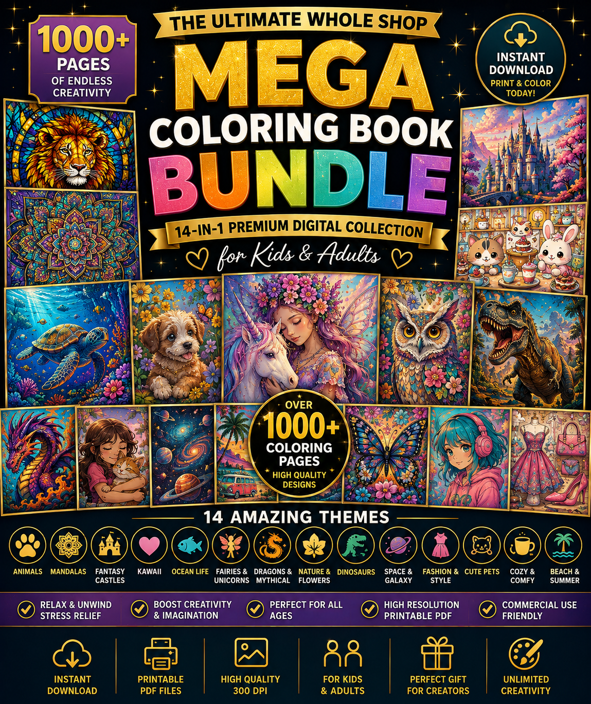 The Ultimate Whole Shop Mega Coloring Book Bundle | 14-in-1 Premium Digital Coloring Collection for Kids & Adults | Animals, Mandalas, Fantasy Castles, Kawaii & Ocean Life Printable PDF Sets