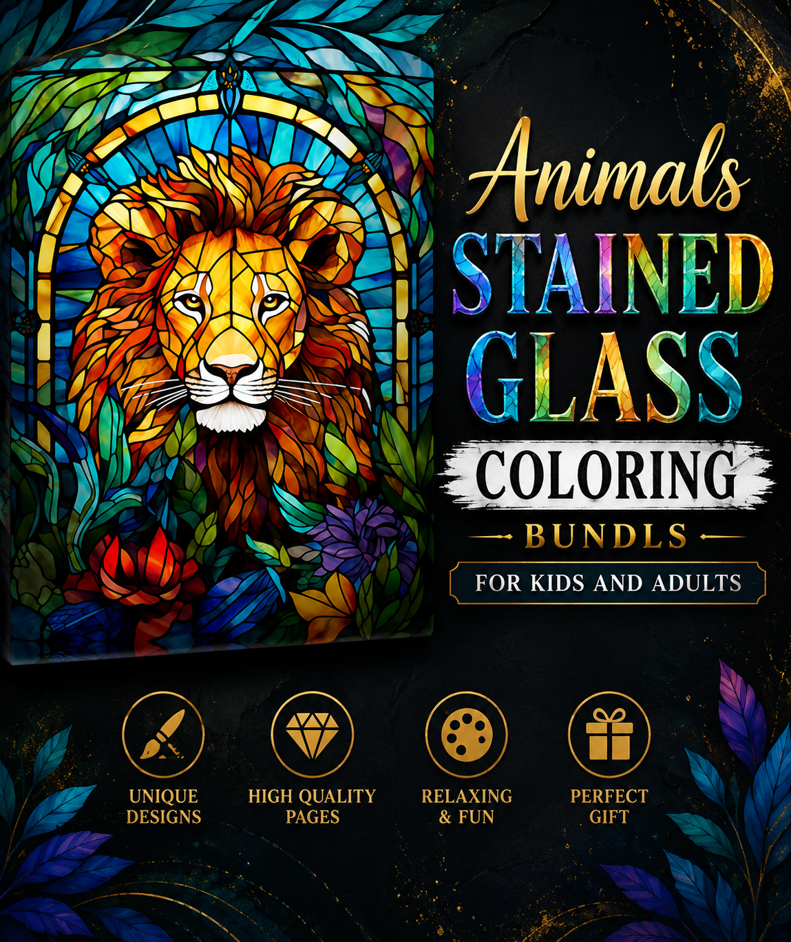 200+ Stained Glass Animals Coloring Book Bundle | Printable Animal Coloring Pages for Adults & Kids | Instant Download PDF Therapy Sheets